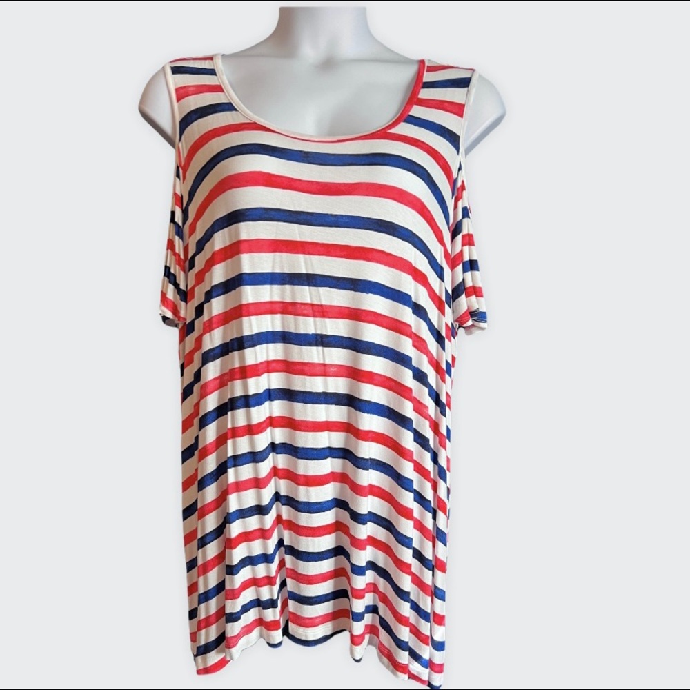 Lane Bryant Women’s Swing Shirt Top Red, White & Blue Cold Shoulder Sz 22/24